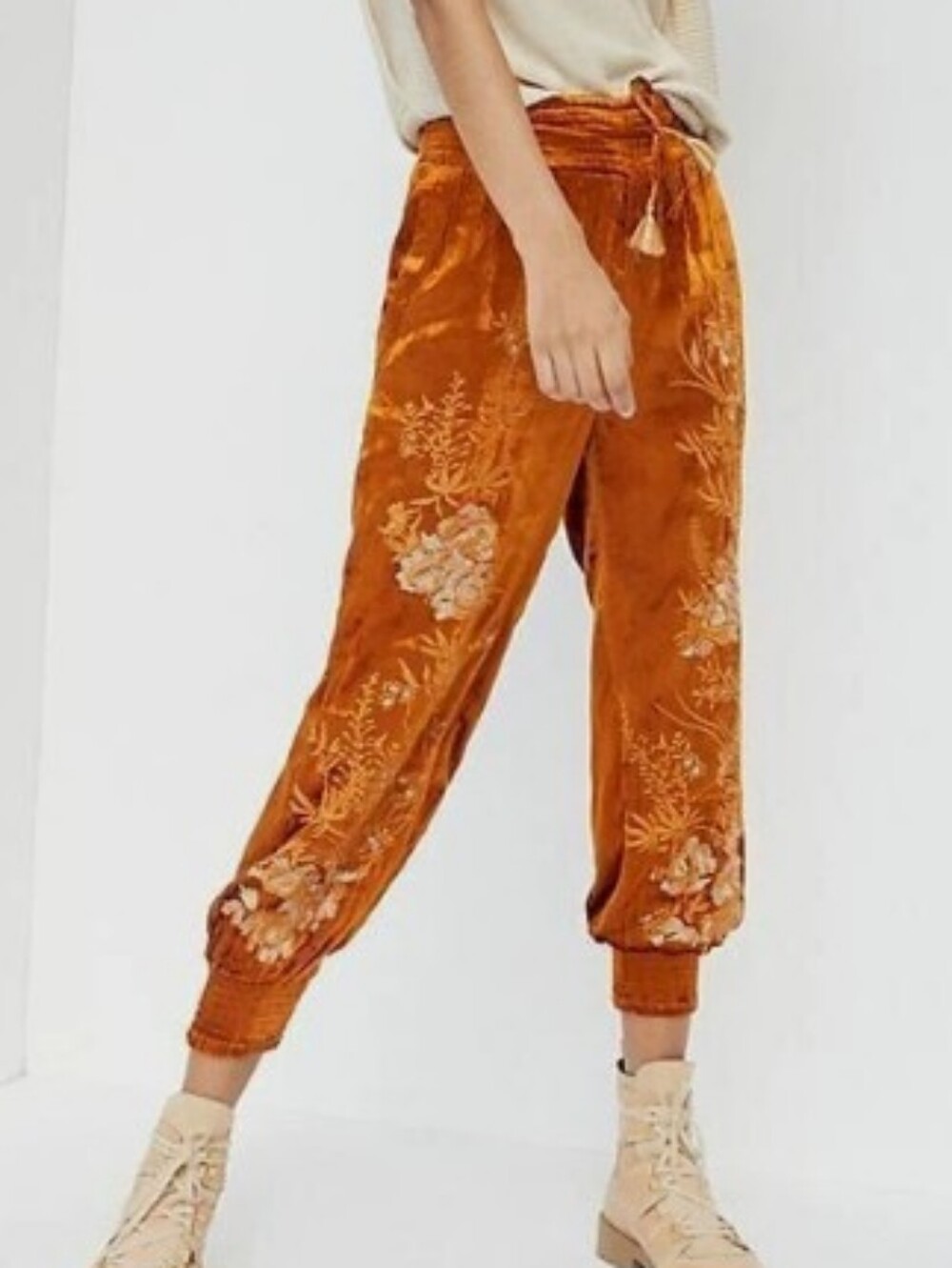 ANTHROPOLOGIE Embroidered Velvet Harem Pants Copper Rust Smocked Bohemian Size S